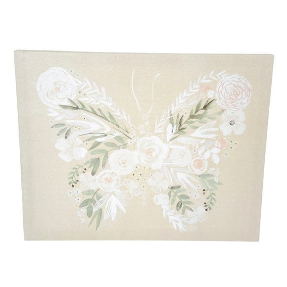 NWT Ivory & White Floral Butterfly Canvas Print Wall Art- 11 x 14 - Picture 1 of 4